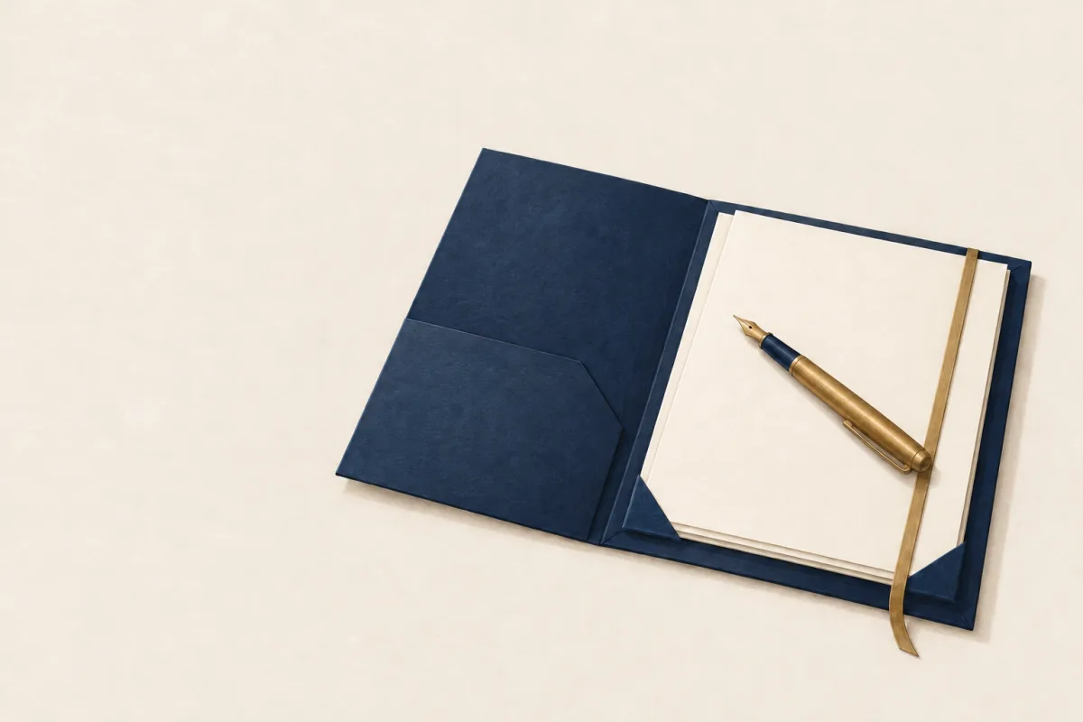 Illustration: an open navy folder with blank ivory sheets, a brass fountain pen and a ribbon marker